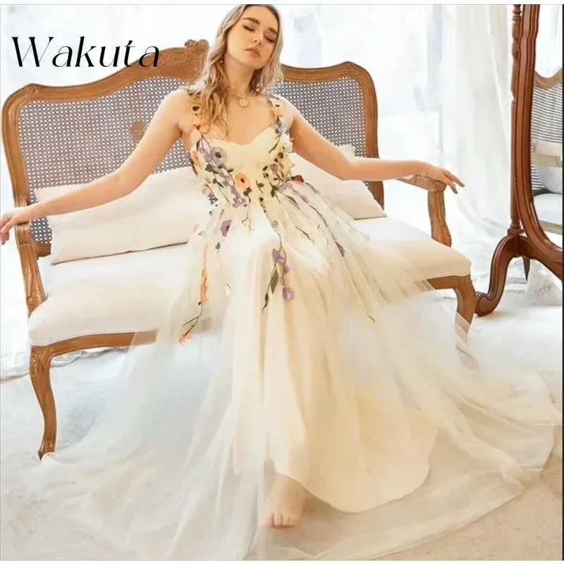 Wakuta Elegant Fairy Prom Robe 3D Decals Evening Dress فساتين سهره فاخره  Formal Occasions Tulle A-Line Party Vestidos De Fiesta