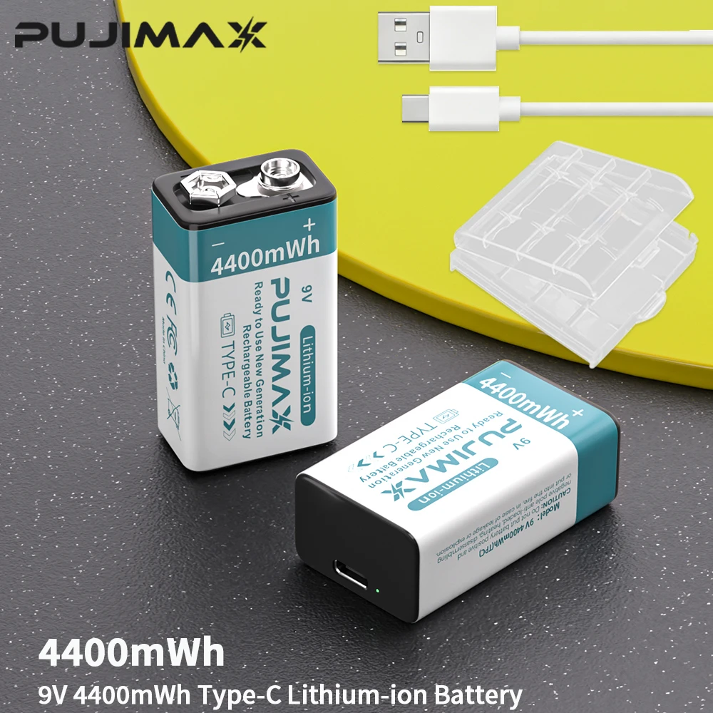 PUJIMAX Type-C Rechargeable 9V Lithium Ion Battery 4400mWh High Capacity for Guitar Microphone Smoke Detector with Type-C Cable