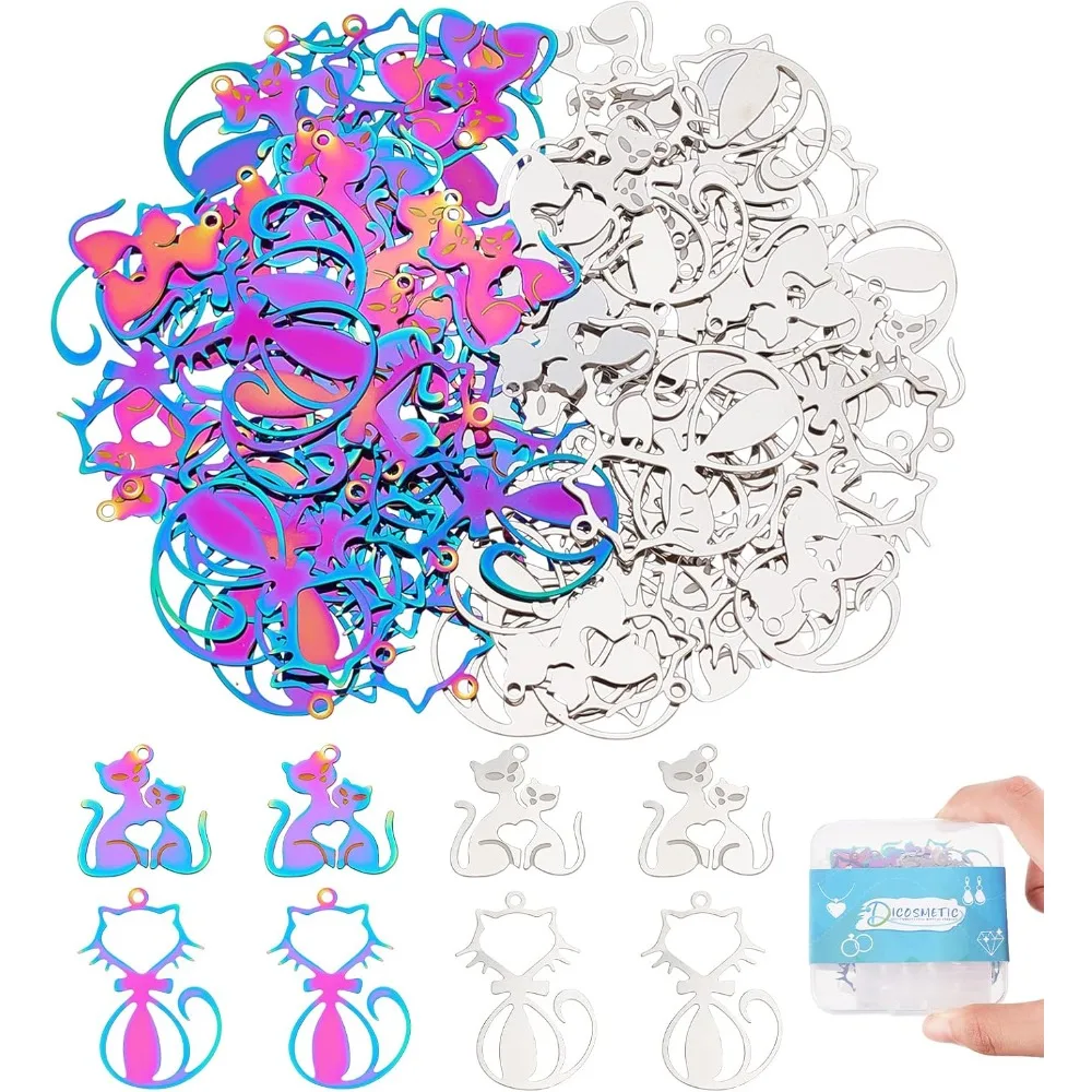 

80 шт., 2 стиля, 2 цвета, полые подвески в виде кота, подвески из нержавеющей стали с изображением кота и сердца, подвеска для воссоединения, подвески в виде животных радужного цвета