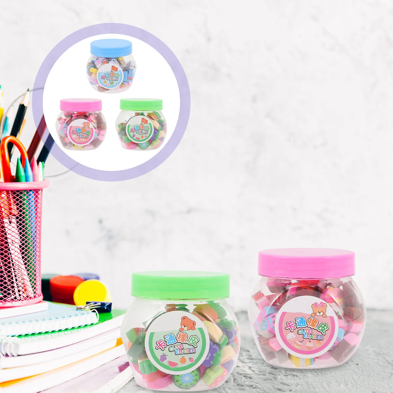 

50pcs Cartoon Animal Fruit Cake Erasers Kids Students Stationery School Office Study Supplies Rubber Pencil Eraser For Children