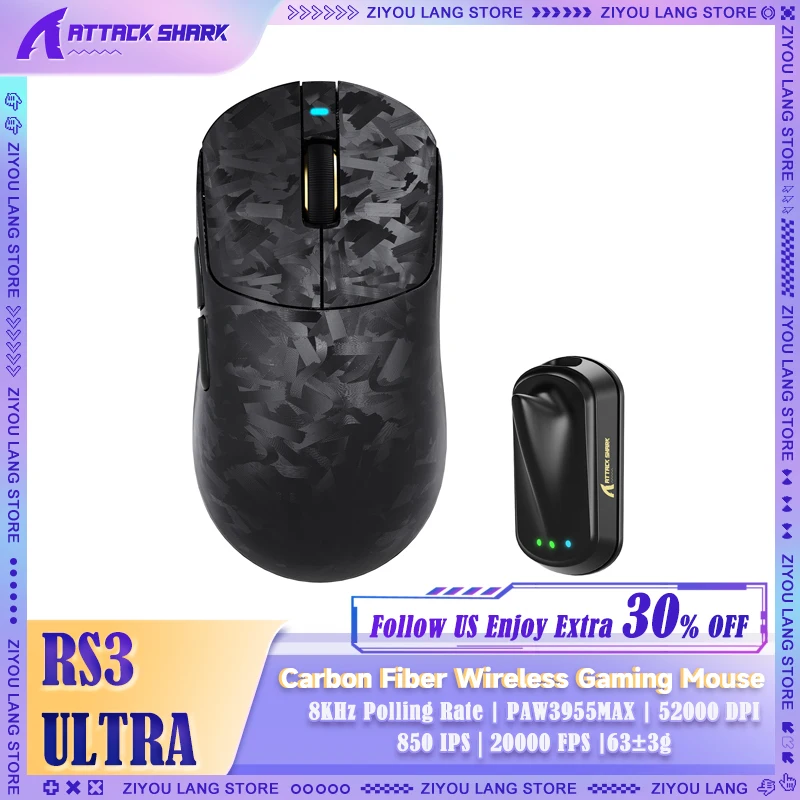 ATTACK SHARK RS3 Ultra 8K Carbon Fiber Wireless Gaming Mouse, PAW3955MAX Sensor, 52K DPI, Nordic MCU, 63g, 800H Battery