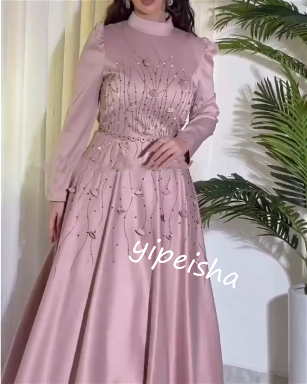 Exquisite High Quality Sparkle Jersey Applique Draped Birthday A-line High Collar Bespoke Occasion Gown Midi Dresses