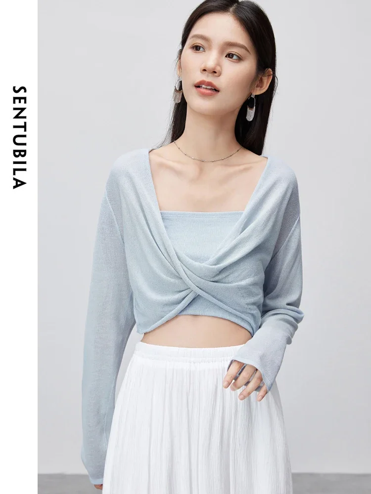 

SENTUBILA Casual Cropped V-neck Knitted Pullovers 2025 Summer Fashion Loose Thin Soft Long Sleeve Top Woman Clothing W42H55450