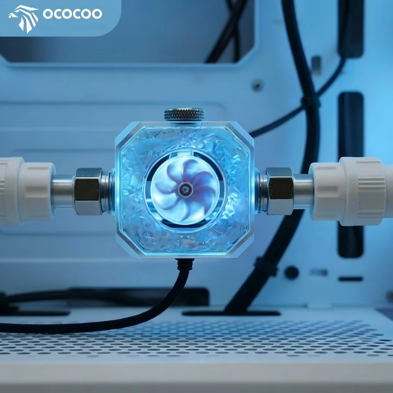 OCOCOO 5V ARGB Square Flow Meter Crystal Acrylic PC Water Cooling Indicator G1/4 Thread Impeller Gaming Computer DIY