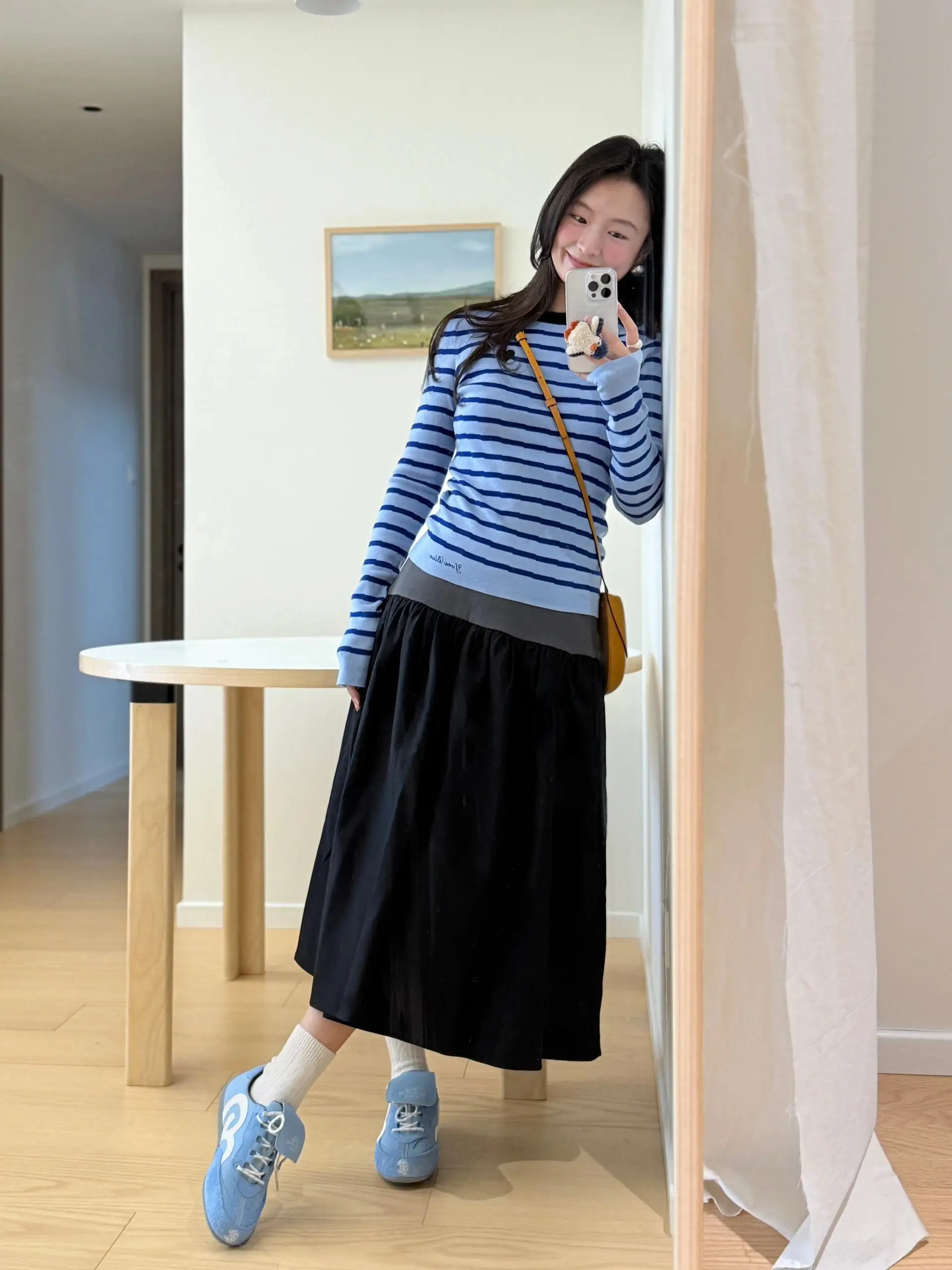 

Трикотаж в синюю полоску Long Sve, женский базовый слой, уникальный корейский облегающий топ для поездок на работу, осенний модный топ для внутренней одежды