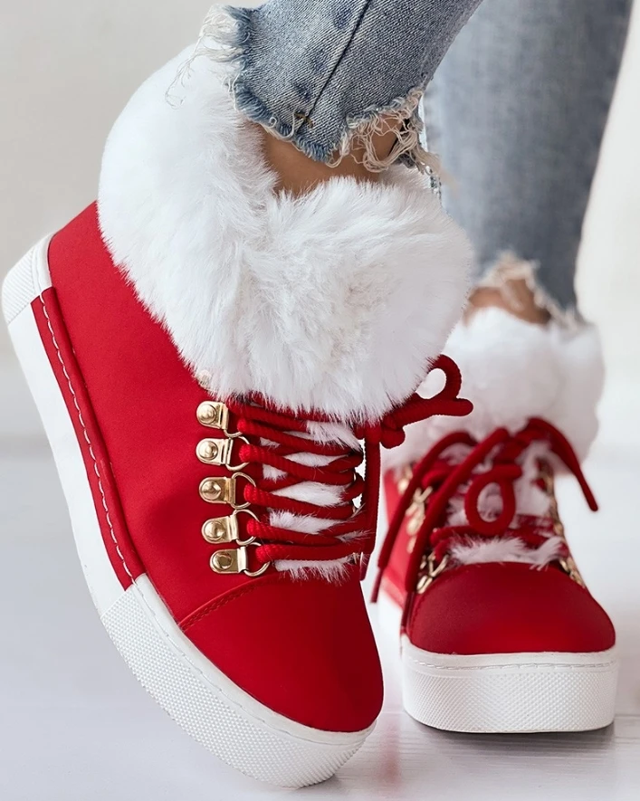 

Women's Simple and Versatile Shoes 2025 Autumn Winter Latest Christmas Lace Up Fuzzy Detail Lined Ankle Boots High Top Shoes