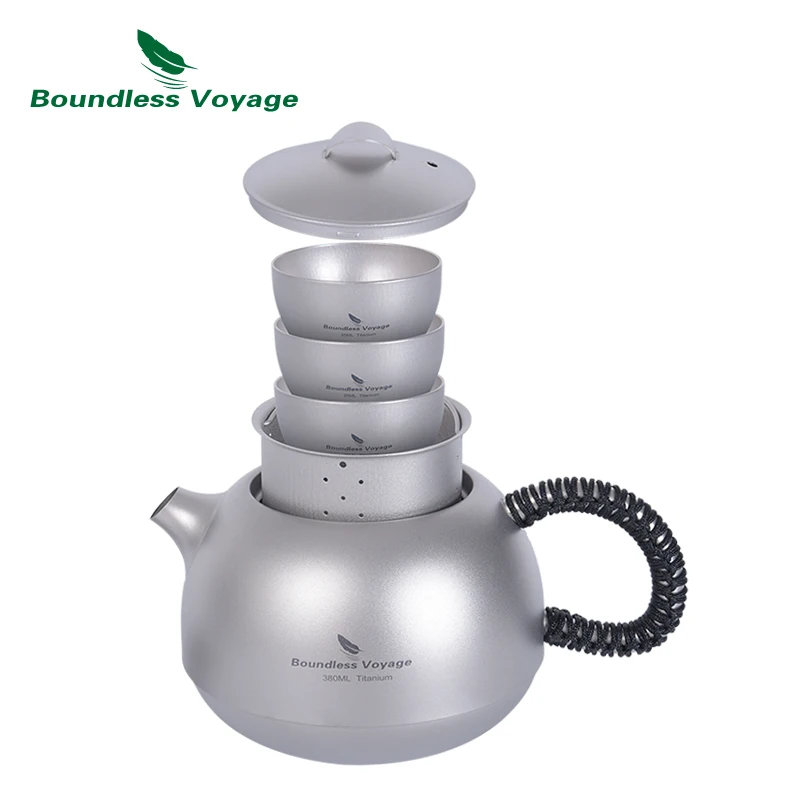 Boundless Voyage 380ml Titanium Tea Kettle with Filter +3pcs 25ml Cups Ultralight Outdoor Teapot Set Camping Coffee Tea Maker