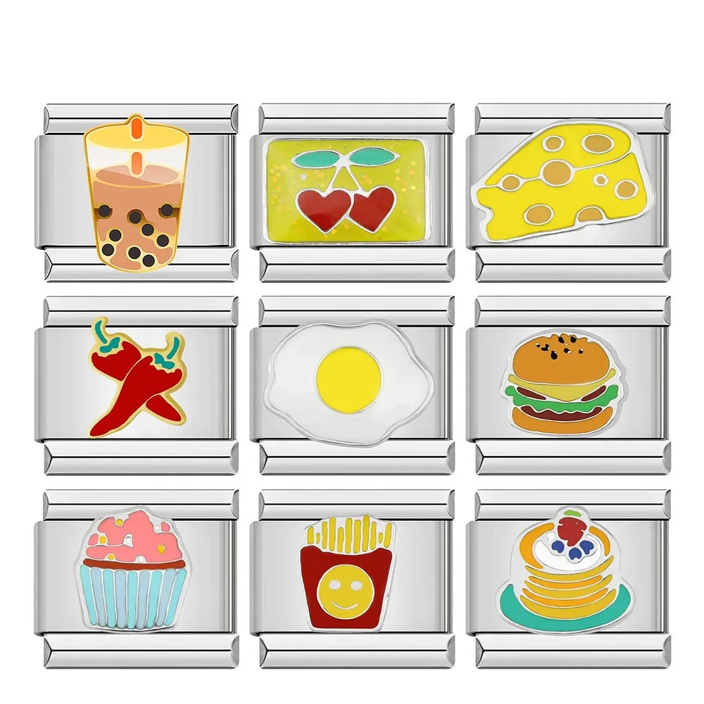 Serie Gourmet, hamburguesa, Donuts, café frito francés, abalorio italiano, diseño de enlace neutro, joyería DIY de moda 2025