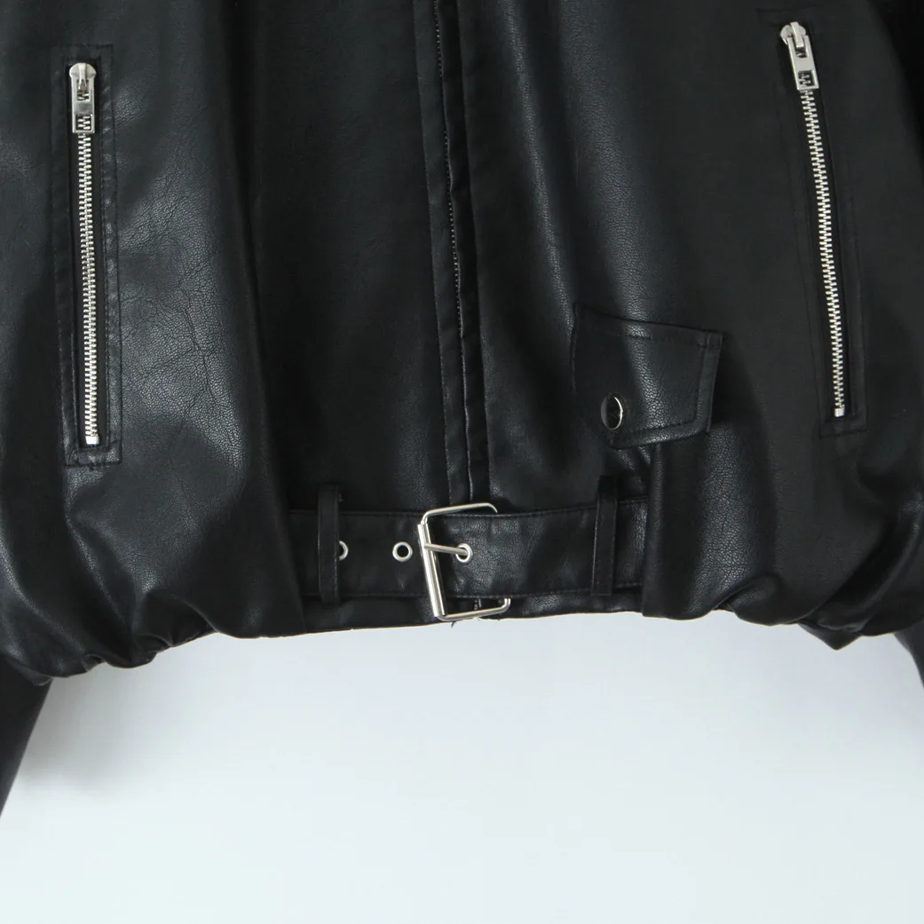 Women PU Leather Coat Zipper Design Style Spring Autumn New Black Short Classic American Motorcycle Leather Jacket with Belt