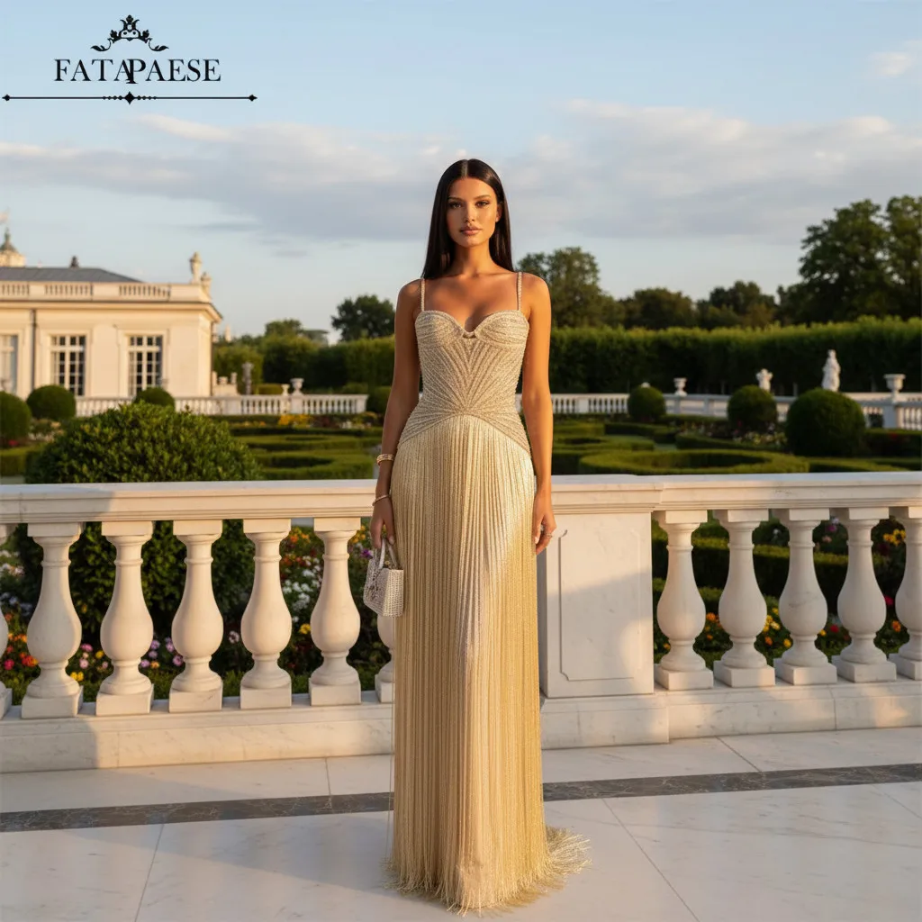 

Сексуальное блестящее платье FATAPAESE с бахромой, золотое вечернее платье 2026 года, роскошное платье для выпускного вечера с бисером и камнями, платье для гостей на свадьбу