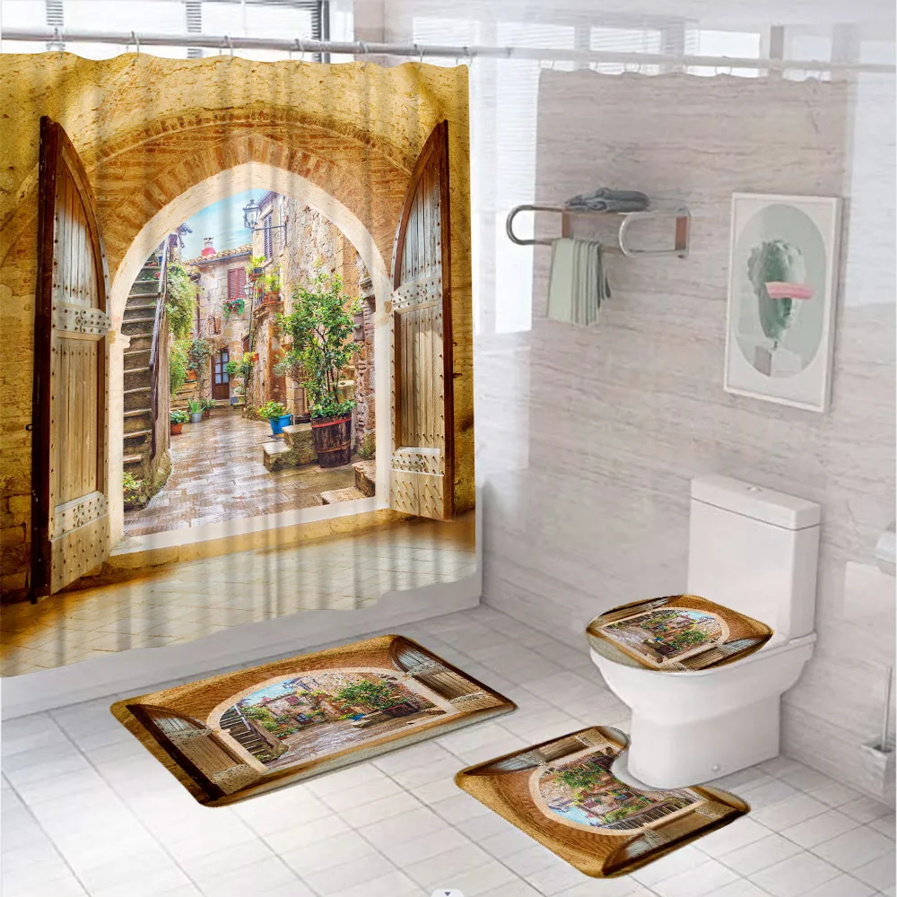 

Italian Mediterranean Old Street Shower Curtain Set Stone Rock Houses Green Plant Bathroom Screen Rug Toilet Lid Cover Bath Mats