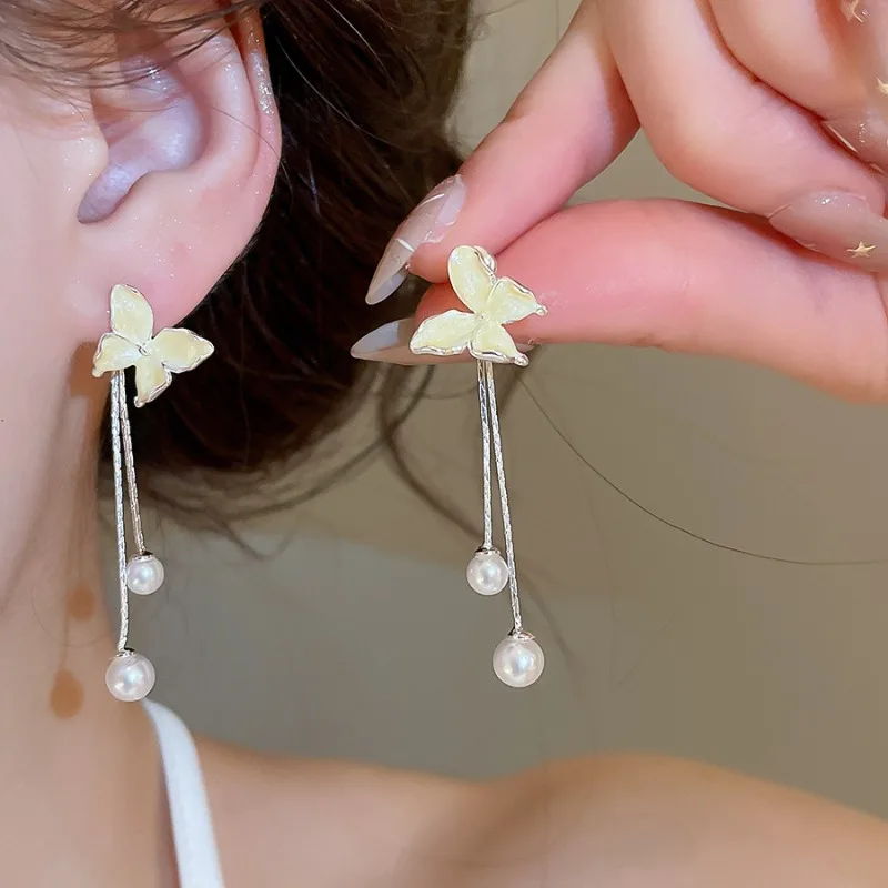 

Minar 2026 New Arrival Yellow Enamel Imitation Pearl Butterfly Wings Tassel Long Dangle Earrings for Women Silver Plated Copper