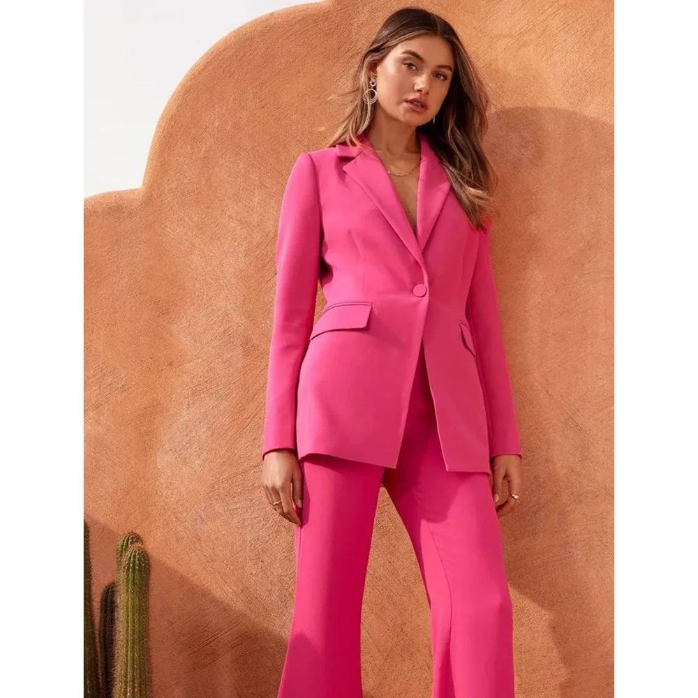 Fashion Hot Pink One Button Women's Suits Slim Fit Office Lady 2 Piece Jacket Pants Set Formal Outfits Costume Elegant Blazer