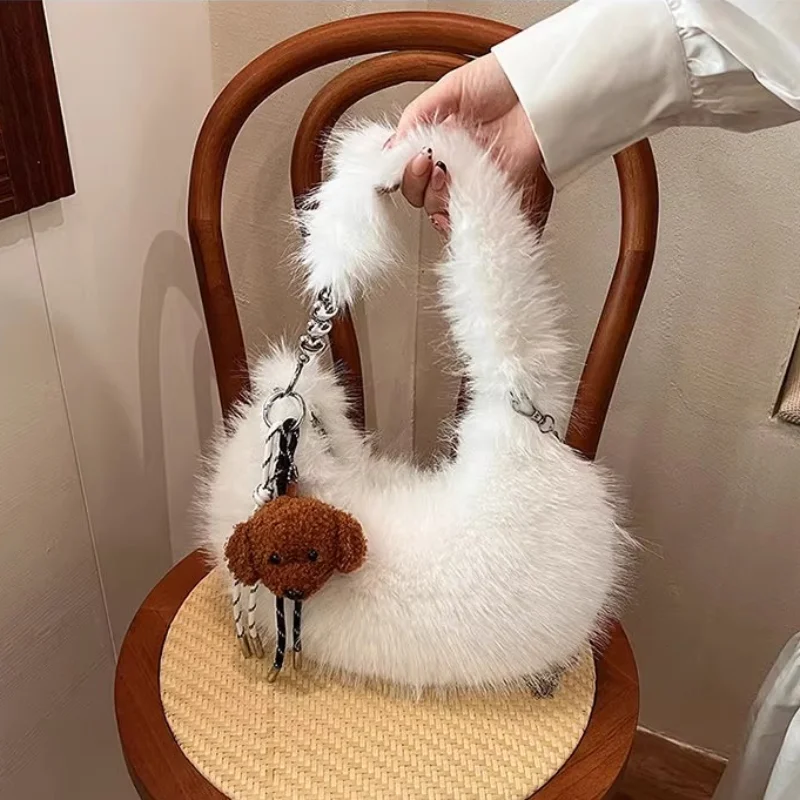 

Kawaii Furry Shoulder Bag Женская Y2k Стиль Плюшевая сумка подмышки с подвеской в виде собаки Зимняя модная сумка через плечо с цепочкой Сумка из искусственного меха