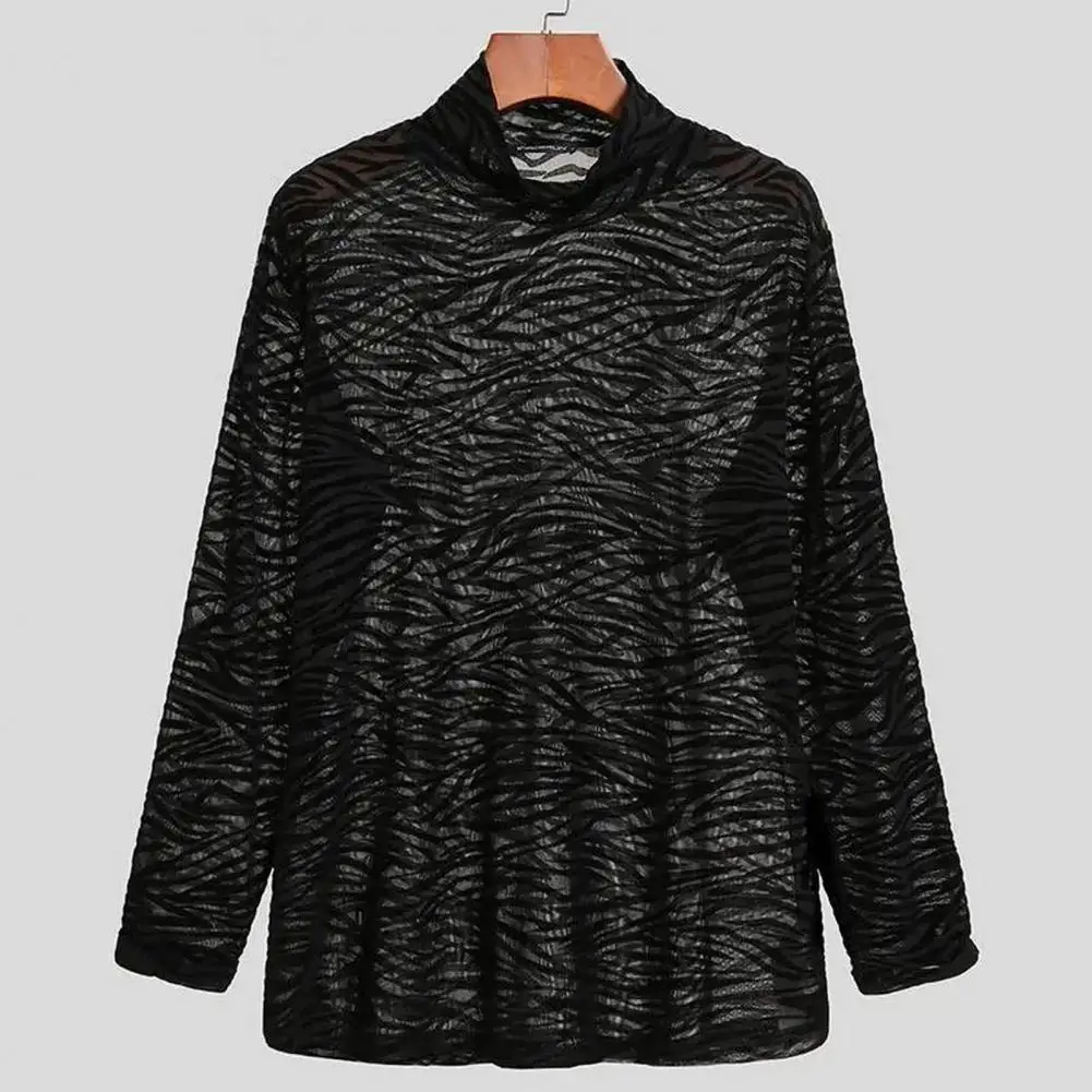 

Men Top Men's Zebra Print Mesh Club Shirt With High Collar Long Sleeves Sheer Spring/fall Party Top For Stylish Guys Men