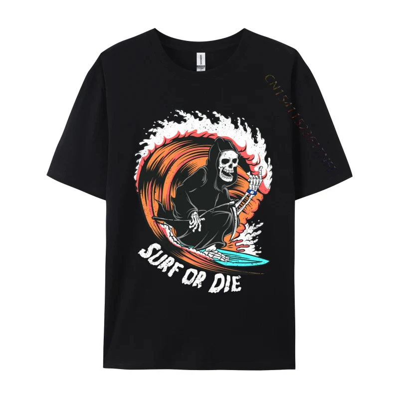 

Funny Grim Reaper Surf Or Die Surfing Loose Ramen Cat Kawaii Japanese Vintage Camisa Top T-Shirt Combed Cotton Men's Tops Tees