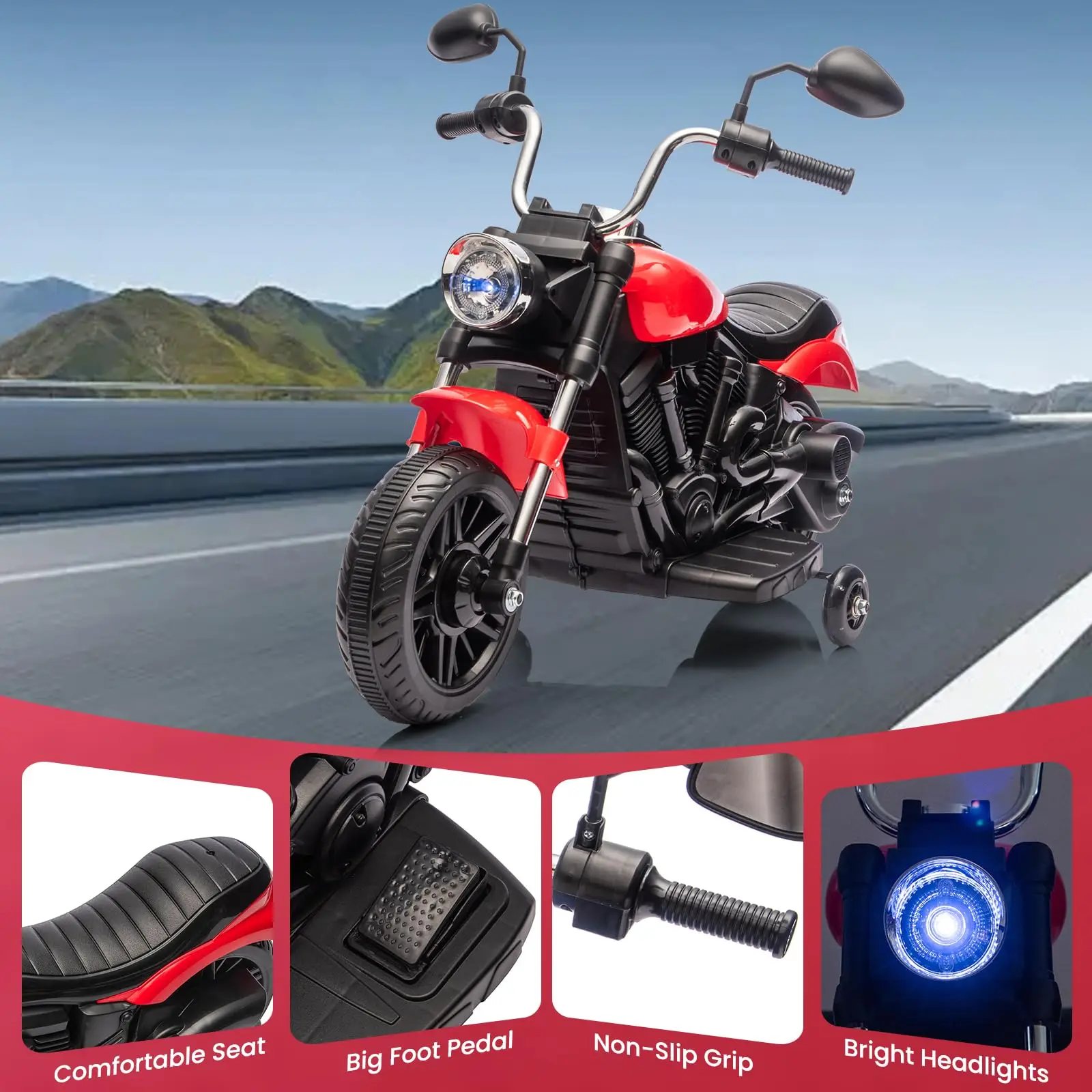 2-Rad-Kinder fahren auf Motorrad, 12 V, batteriebetrieben, mit Stützrädern, umgekehrter Scheinwerfer, Musik, Kleinkindspielzeug