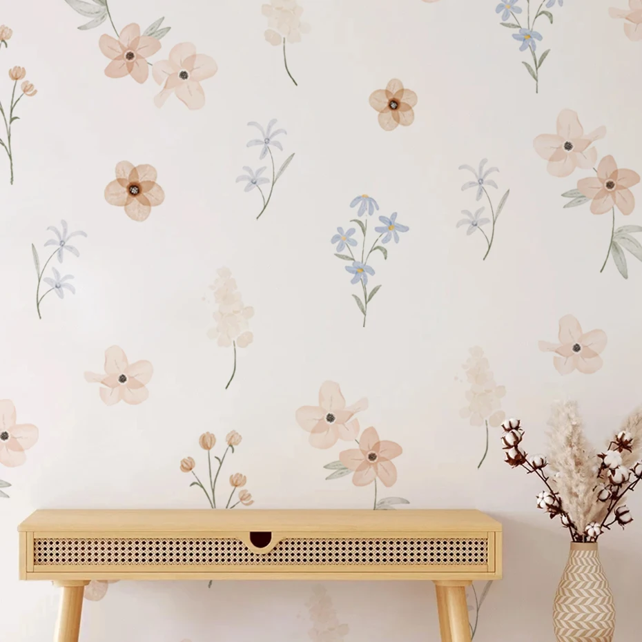 Pegatinas de pared de flores de acuarela para habitación de niñas, decoración del hogar para dormitorio de niños, arte de pared para guardería de