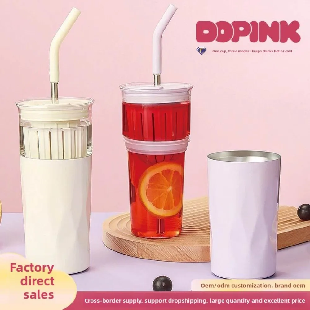 

Double Insulated Glass Coffee Cup with Straw and Tea Separator Lid Heat Resistant for Car Use Large Capacity for Hot Cold