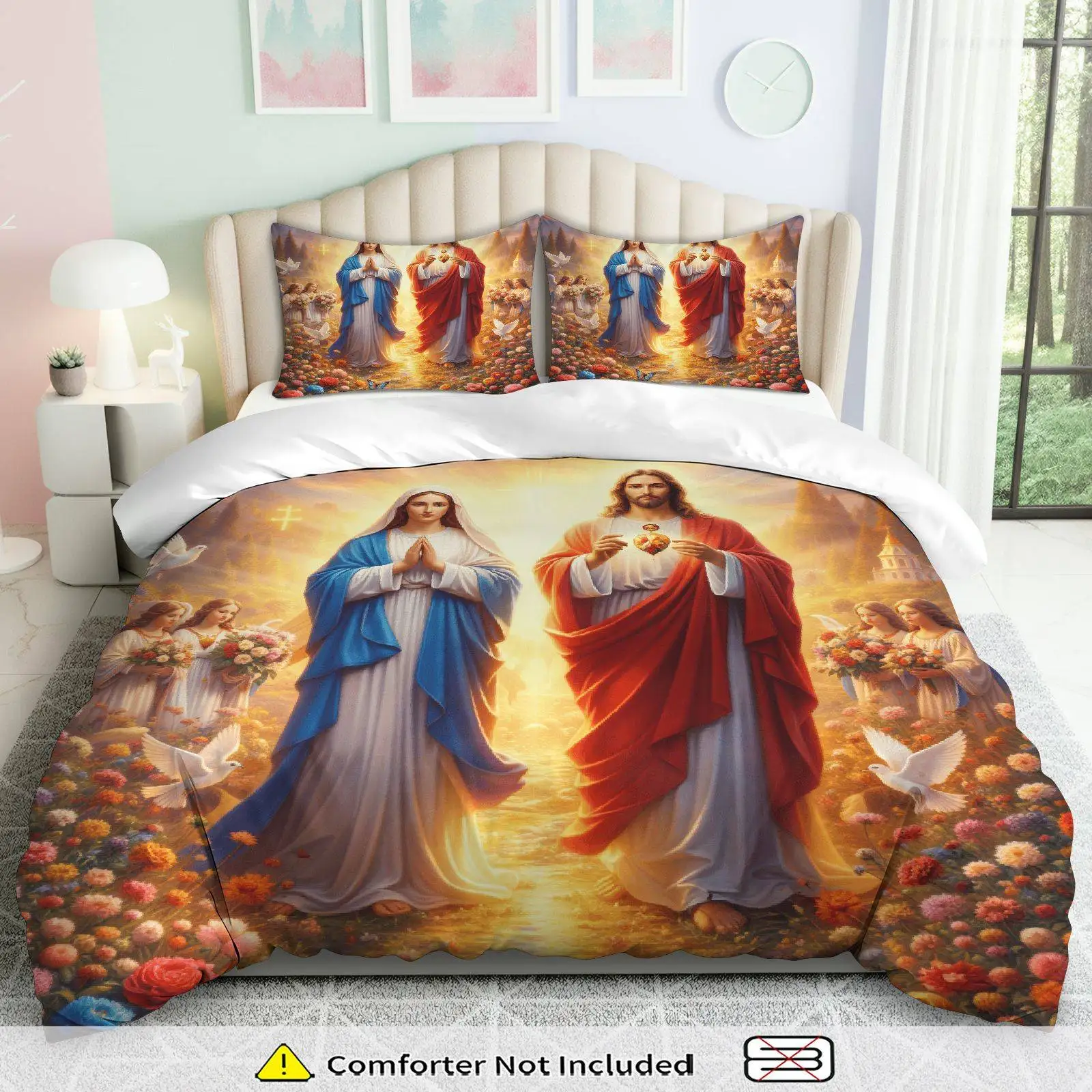 Religious and Angelic Christmas Decorations Duvet Cover Set Multi Size Quilt Cover Queen Size Bedroom Bedding Decoration Machine Washable Adult Boy Girl Bedroom
