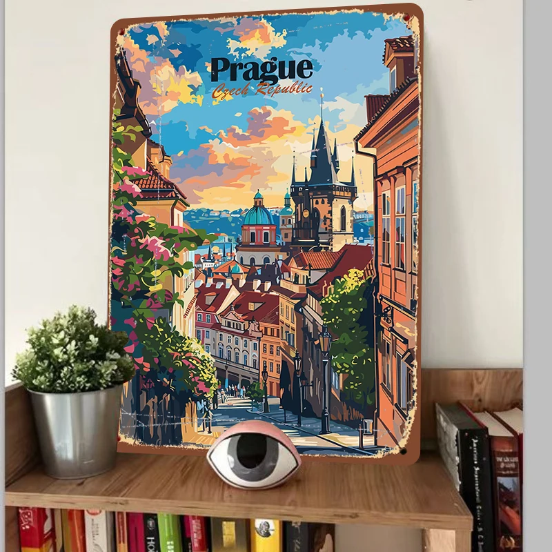Prague Cityscape Metal Wall ArtVintage Architecture Decorative Painting for Living Room
