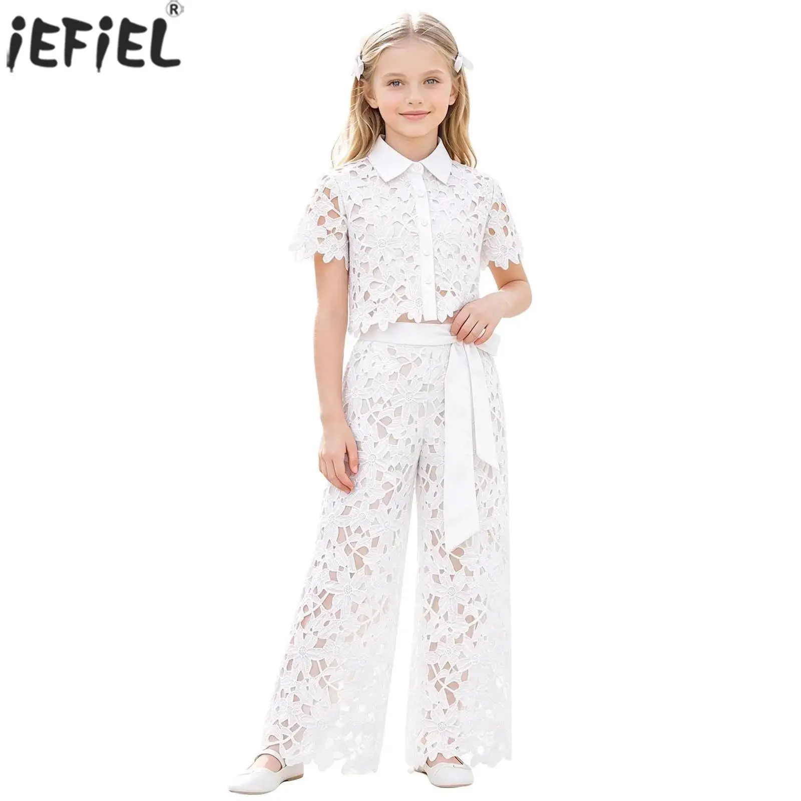 Kids Girls Hollow Out Floral Lace Outfit Short Sleeve Button Cropped Shirt with Belted Pants for Birthday Party Wedding Banquet