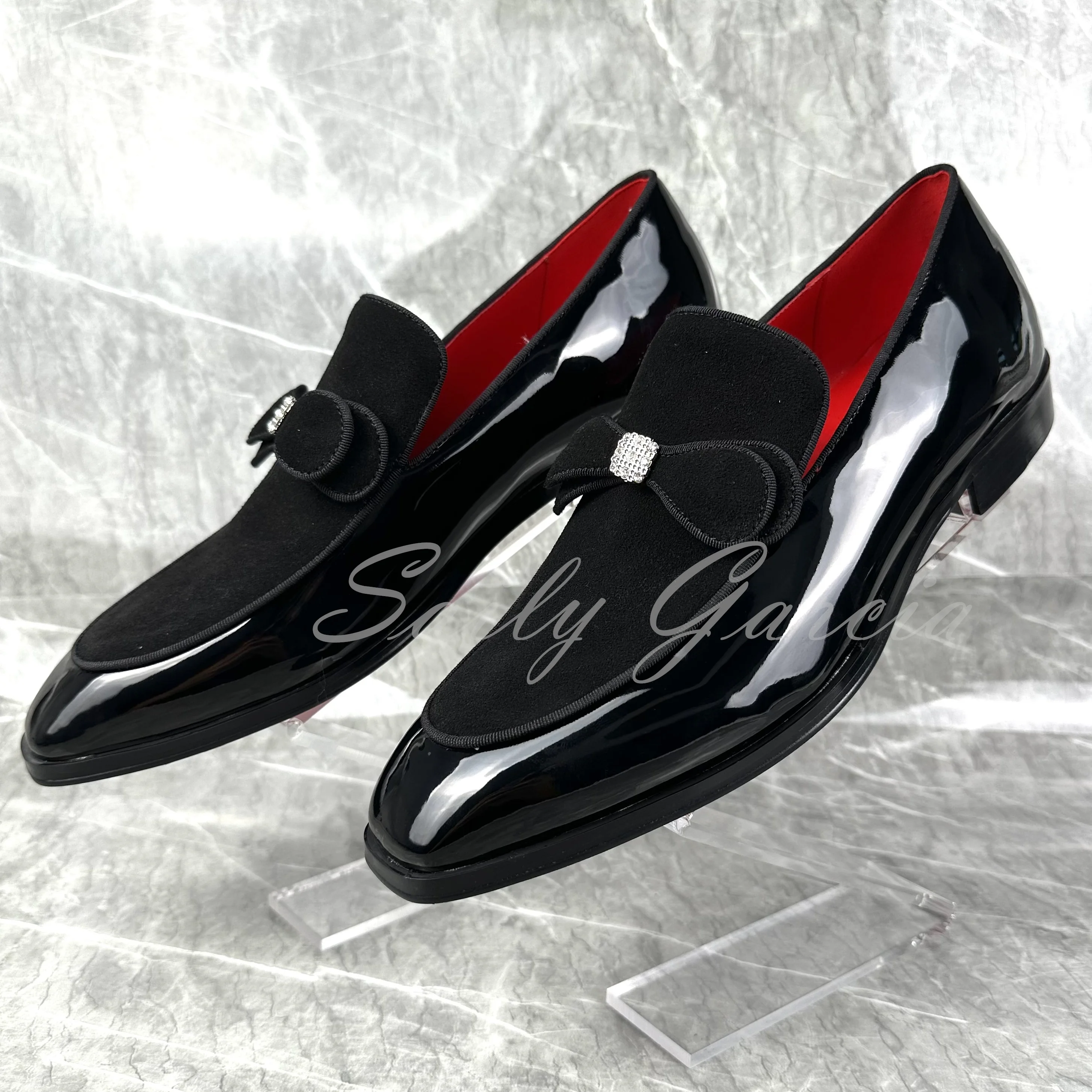 British Style Black Patent Leather Patchwork Velvet Men's Lefu Shoes Square Toe Crystal Bow Tie Slip On Formal Dance Shoes