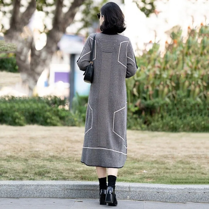 Women's Oversize Knitting Dress, Half High Collar, Letters Print, Female Loose Long Bottom Sweater, New Fashion, Autumn, Winter