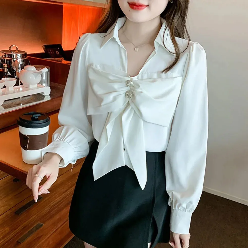 Korean Fashion V-neck Bubble Sleeve Shirt Women\'s Clothing White Blouses 2023 Ladies Tops Elegant Bow Chiffon Blusas De Mujer