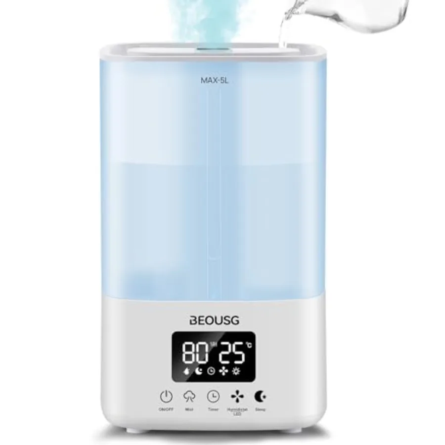 

5L Top Fill Ultrasonic Humidifier, Cool Mist Humidifiers with Timer and Humidity Control for Bedroom, Baby, Large Rooms and Pla