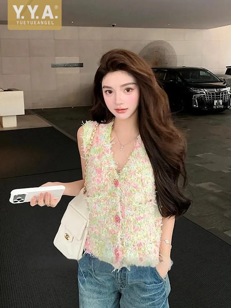 Women Design Colorful Weave Tassel Fashion Vests V Neck Single Breasted Sleeveless Short Jacket Casual Loose Fit Lady Waistcoat
