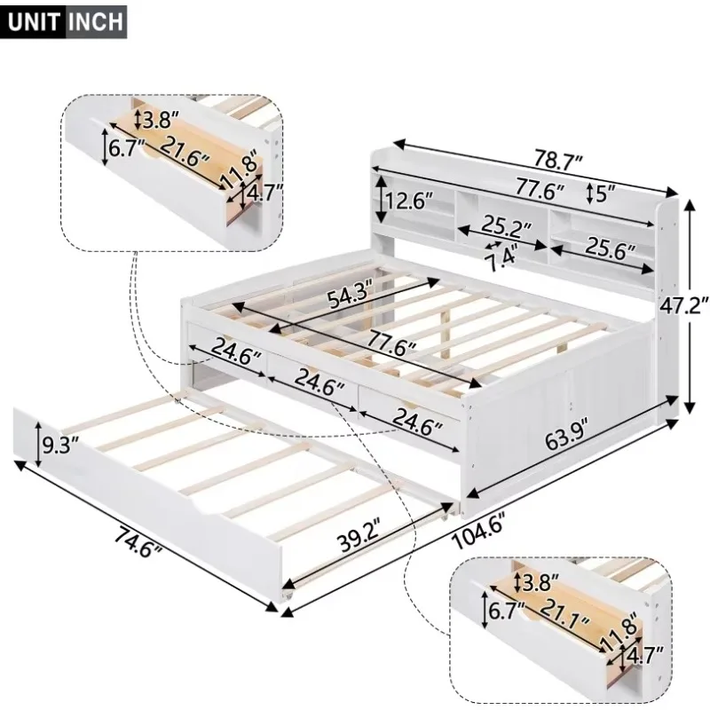 Full Size Storage Daybed with Trundle, Drawers, Bookcase, for Kids Guests, No Box Spring Needed (White)