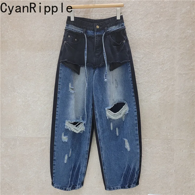 Korea Contrast Color Hole Jeans for Women 2026 New Autumn All-match High Waist Floor-length Wide Leg Casual Straight Denim Pants