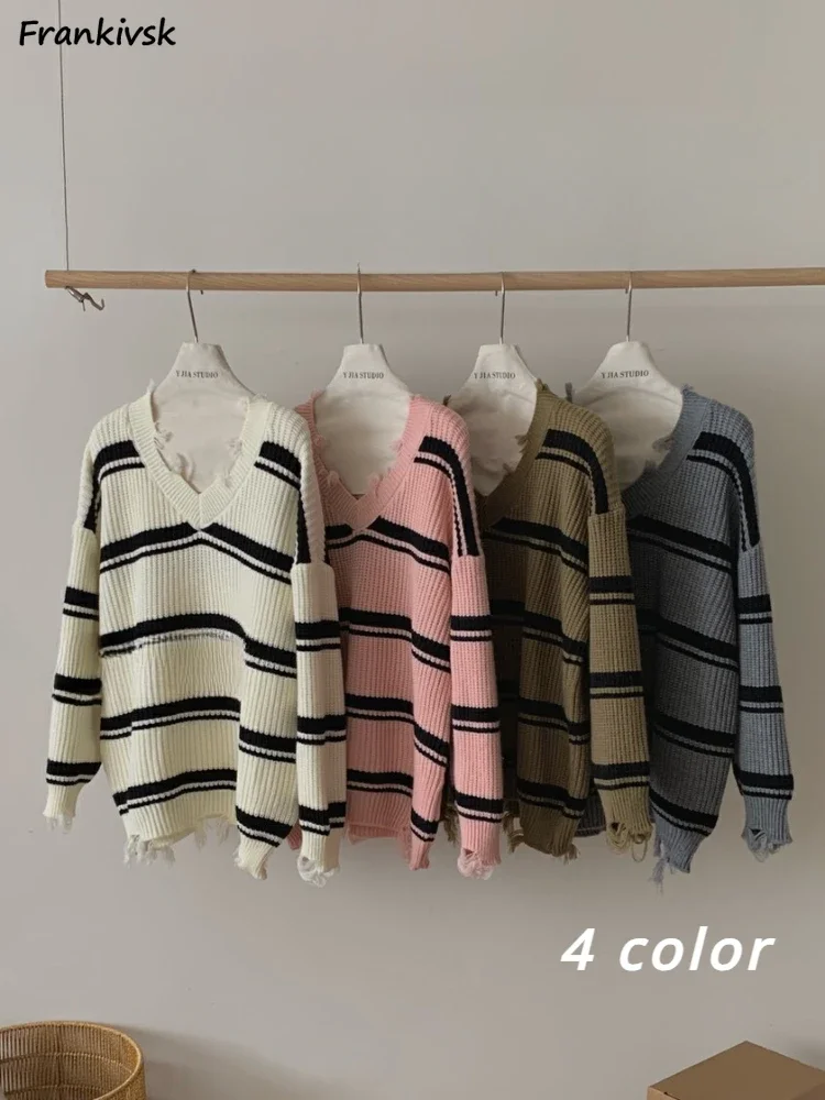 Raw Edge Sweaters Women Striped Autumn Blocking Fashion High Street Korean Style Classic Baggy Comfortable Outer Warm Pullovers