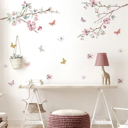 Pink Flowers Blooming Tree Branch Butterfly Floral Watercolor Wall Stickers for Nursery Bedroom Living Room Wall Decals Murals