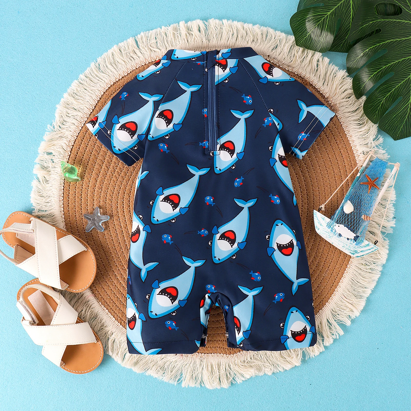 Summer 0-2 Years Old Fashion Trend Cute Baby Universal Comfortable Soft Shark Print Clear Swimsuit Jumpsuit Personality