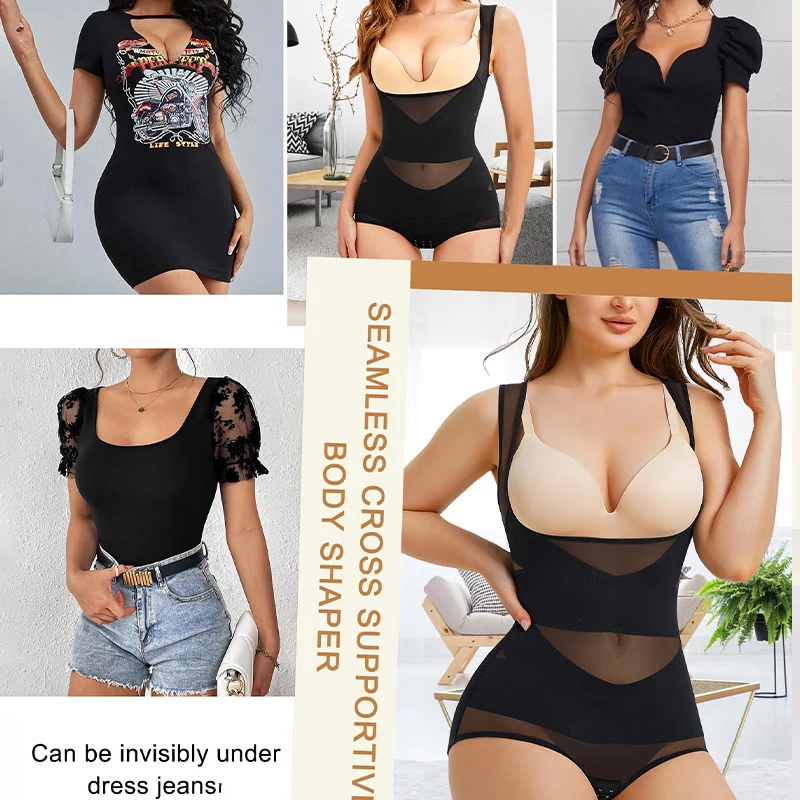 Mesh Shapewear Bodysuit for Women Tummy Control Waist Trainer Butt Lifter Panties Slimming Body Shaper Open Bust Underwear 2024