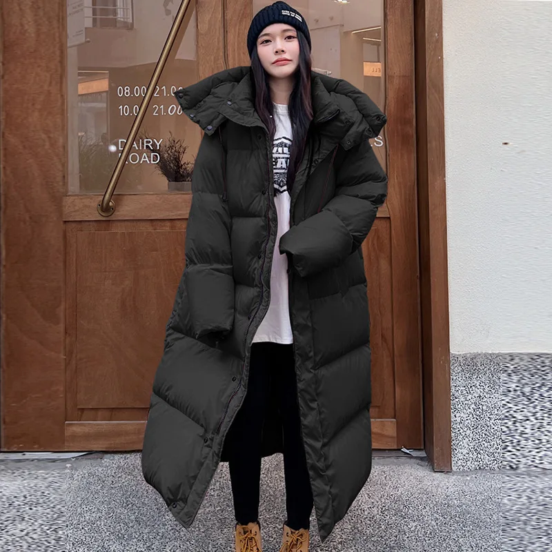 Winter Warm Coat Thickened Knee-length White Duck Down Coat Hooded Long Section Parka Fashion Big Quilt Lazy Wind Women\'s Coat