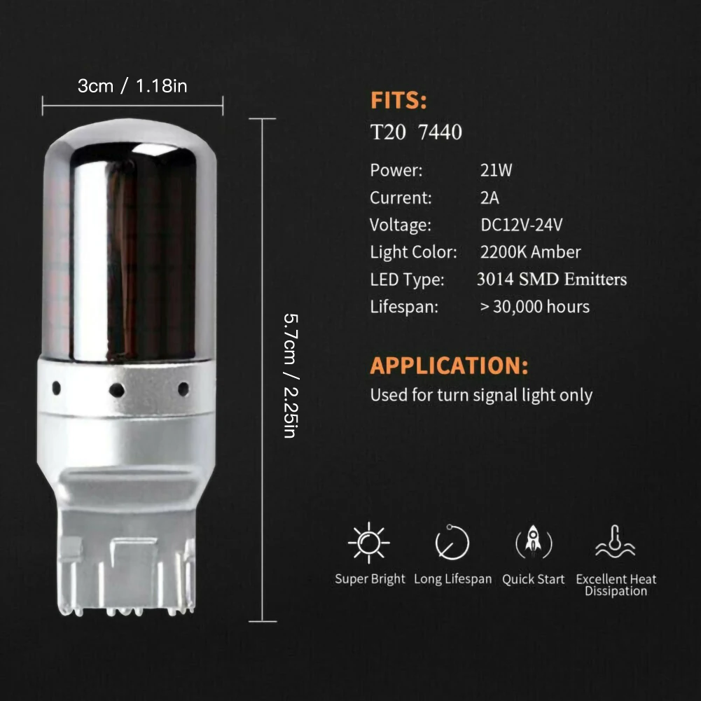 2pcs LED Light Chrome 7440 T20 Amber Canbus Error Free  Bulb Turn Signal Yellow Brake Flow Lights Accessories for Vehicles