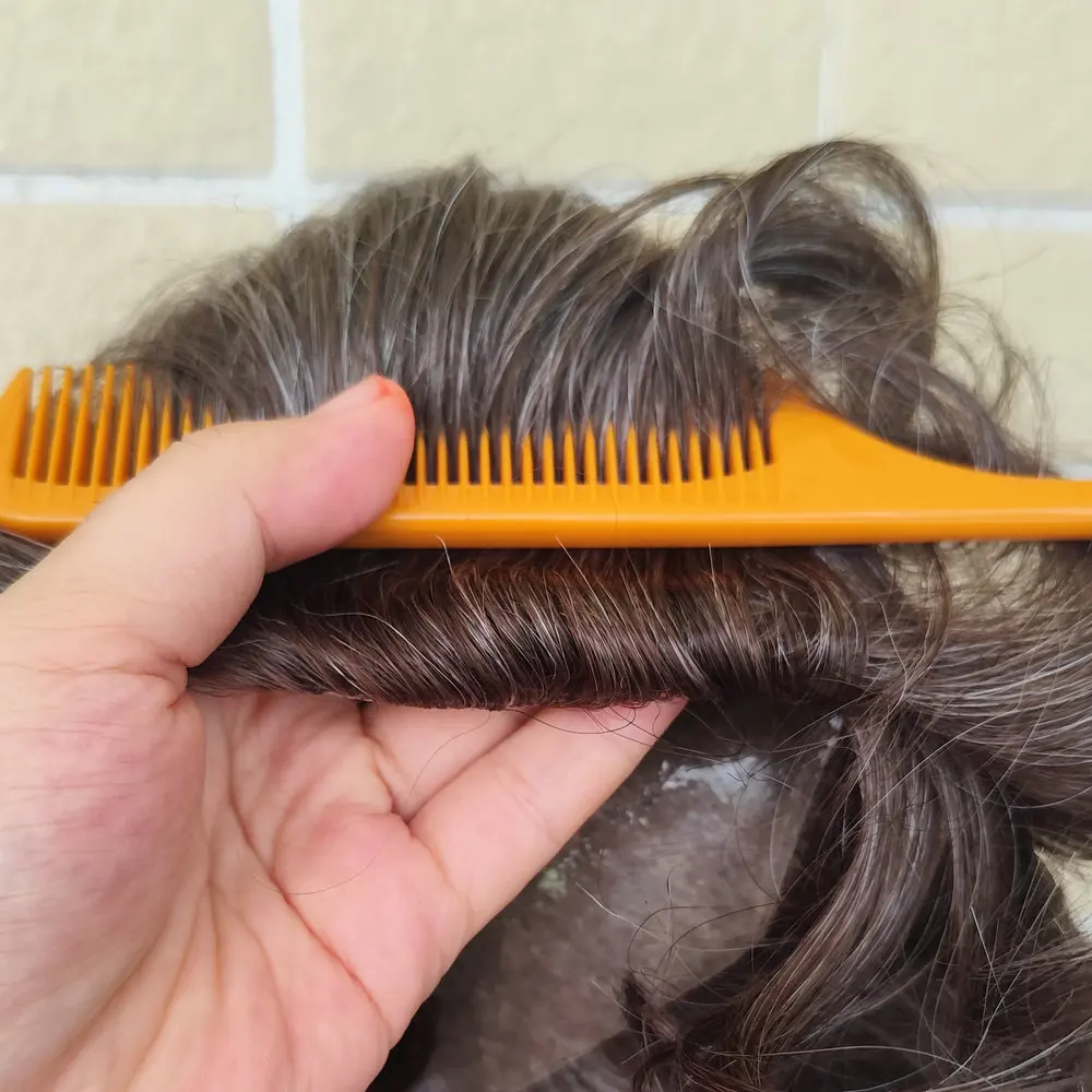 هستونير 8x10" 520 # بني مع 20% شعر رمادي للرجال شعر ريمي هندي بشري شعر مستعار أحادي الدانتيل قطعة شعر يدوية الصنع H005 #2