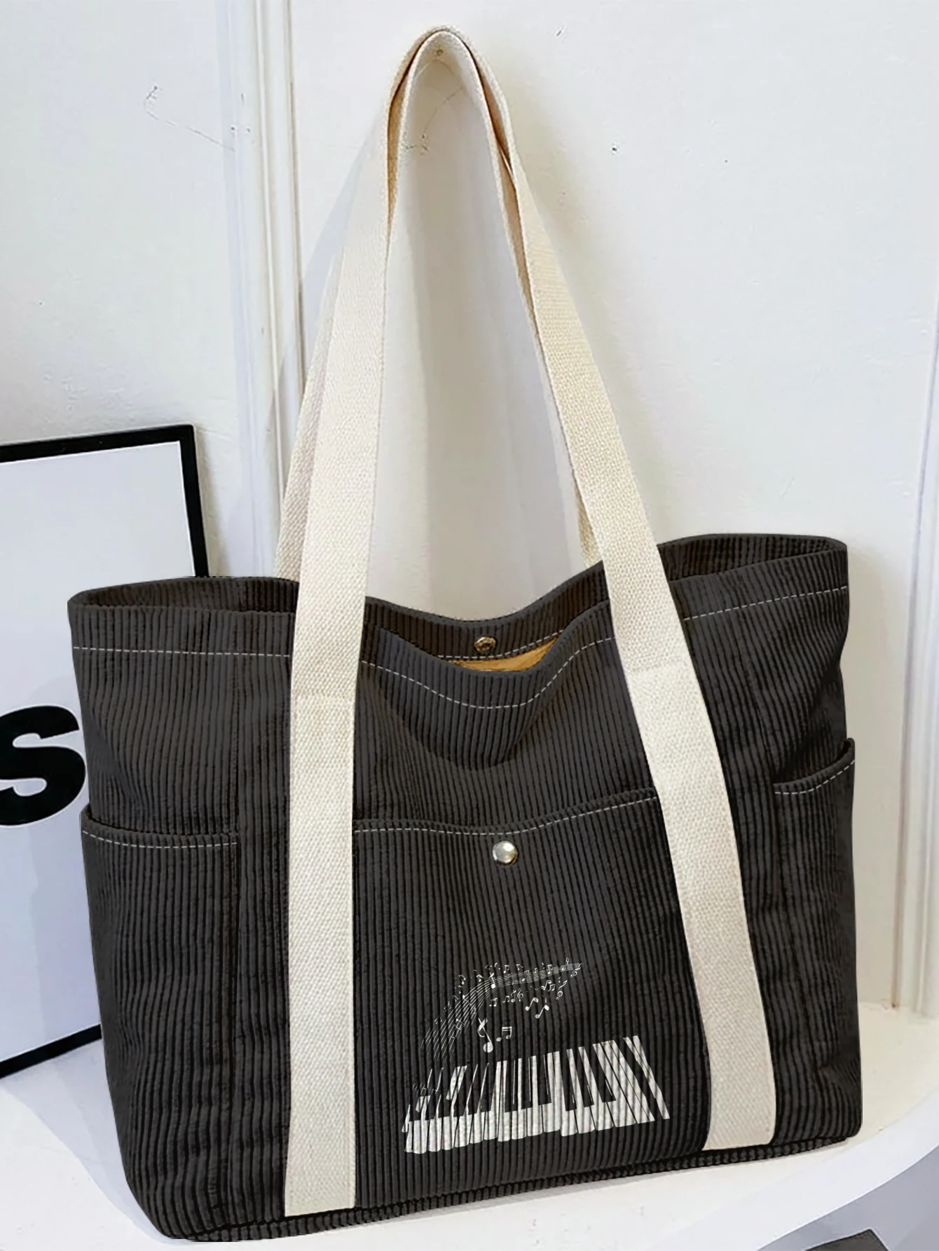 Piano Keyboard Music Note Print Tote Bag, Adjustable Strap Crossbody Handbag With Side Pockets For Shopping Travel Daily Use