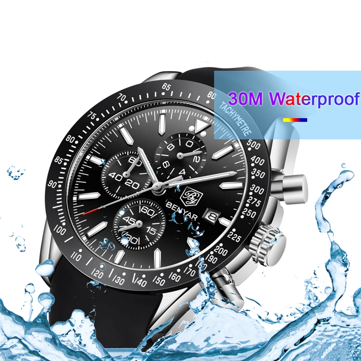 

Мужские роскошные часы BNEYAR, лучшие брендовые мужские часы, многофункциональные кварцевые спортивные часы с функцией хронометража, водонепроницаемые до 30 метров, мужские часы