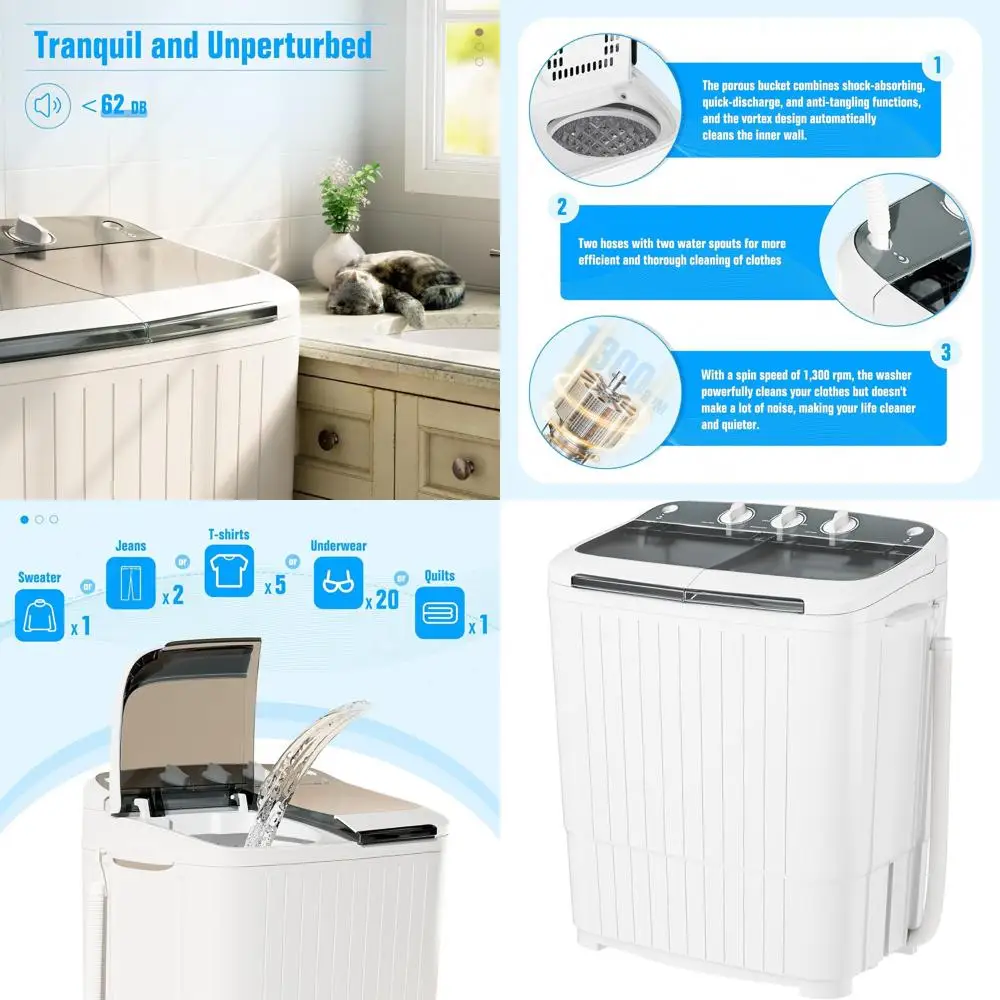 

Compact 2-in-1 Twin Tub Washer and Dryer, 16lbs Capacity, Ideal for Home, Apartment, Dorm, or RV (Grey)