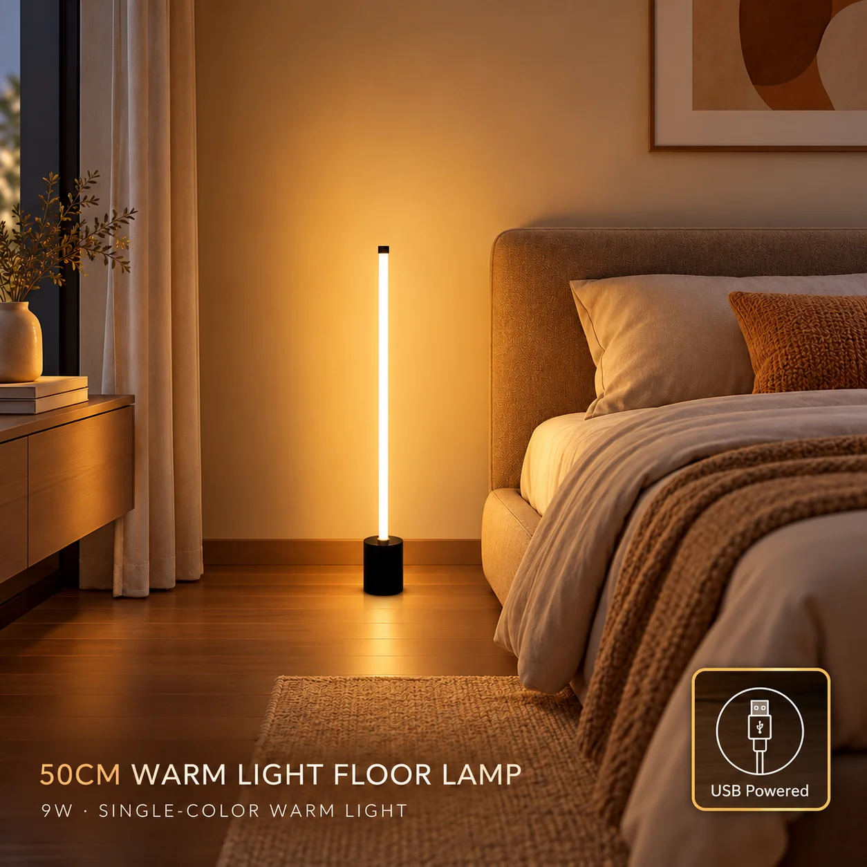 Floor lamp for bedroom ambiance with 270-degree illumination, and a USB bedside warm-light night light for the living room.