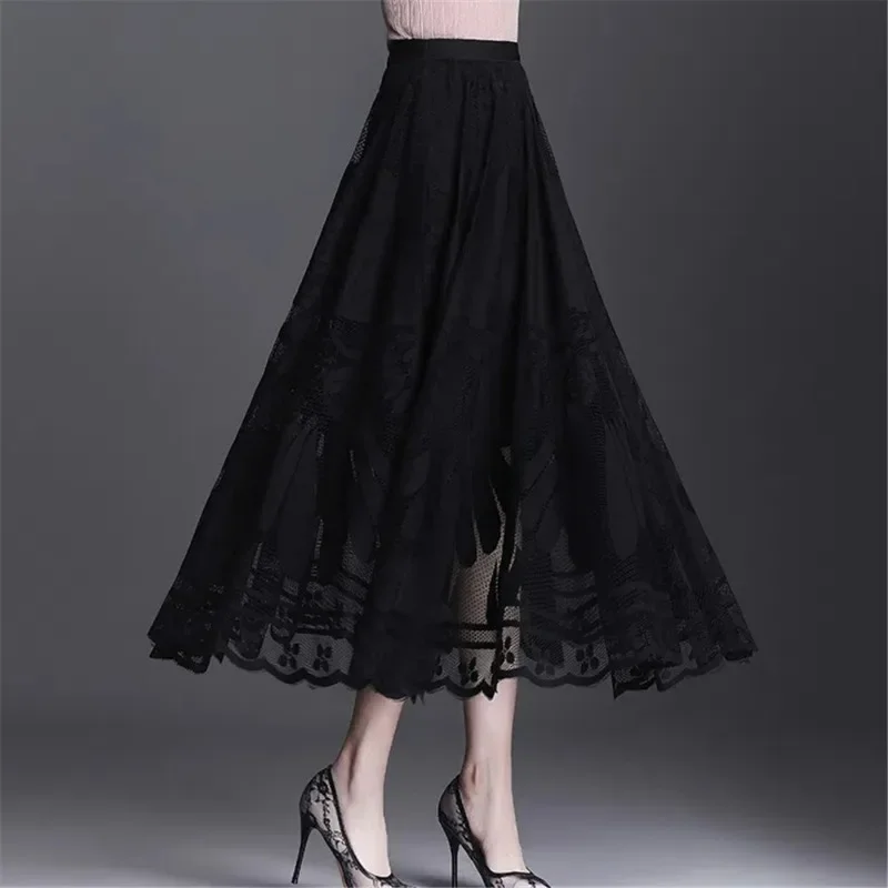 

Black Lace Ruffles Tulle Skirt Women's Autumn Winter A-line Long Skirt Office Ladies Big Swing Gauze Hollow Pleated Skirt Z217