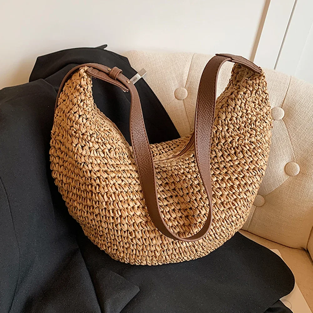 Women Straw Woven Shoulder Boho Bag 2024 Fashion Raffia Bag Summer Crochet Handbag Purses Female Handmade Rattan Crossbody Bags