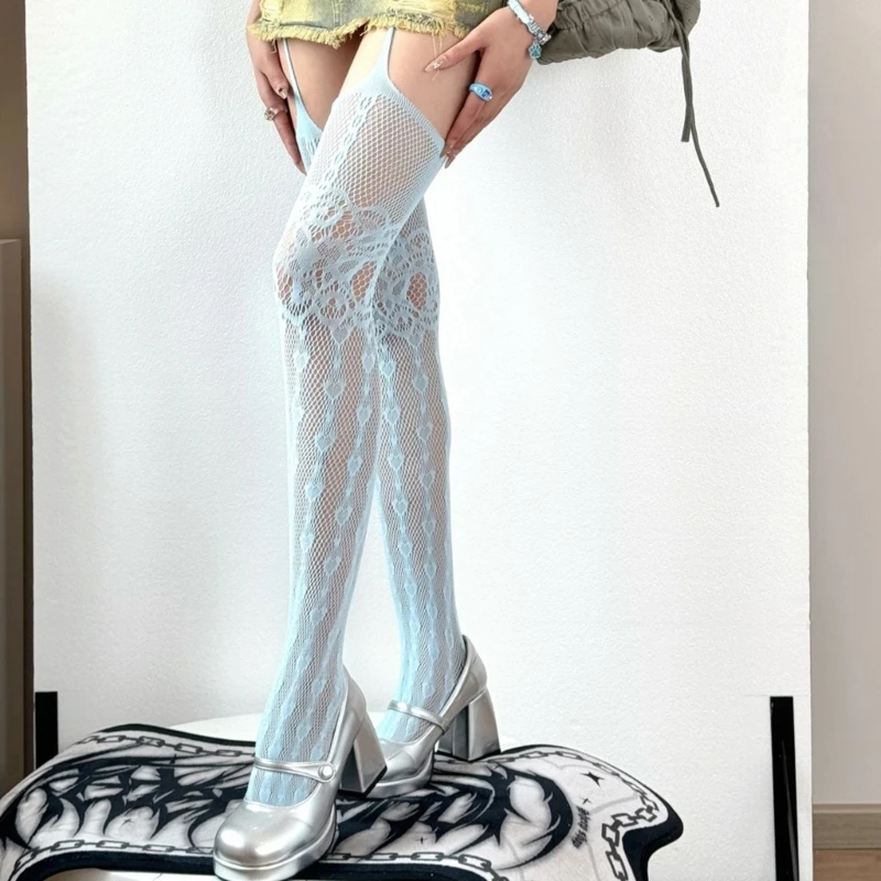 Women Hollowed Fishnet Garter Belt Pantyhose Subculture Punk Heart Patterned Sheer Thigh High Stockings Suspender Tights