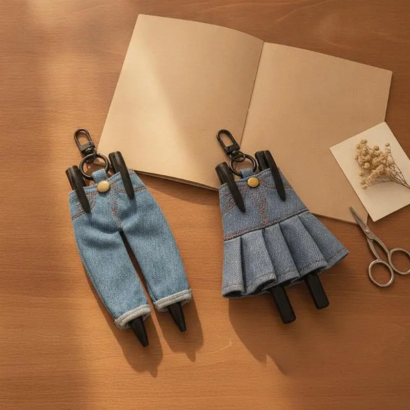 Ins Creative Mini Denim Pants Pen Holder Clip Vintage Denim Skirt Pencil Case Keyring Pendant Portable Fabric Stationery Bag