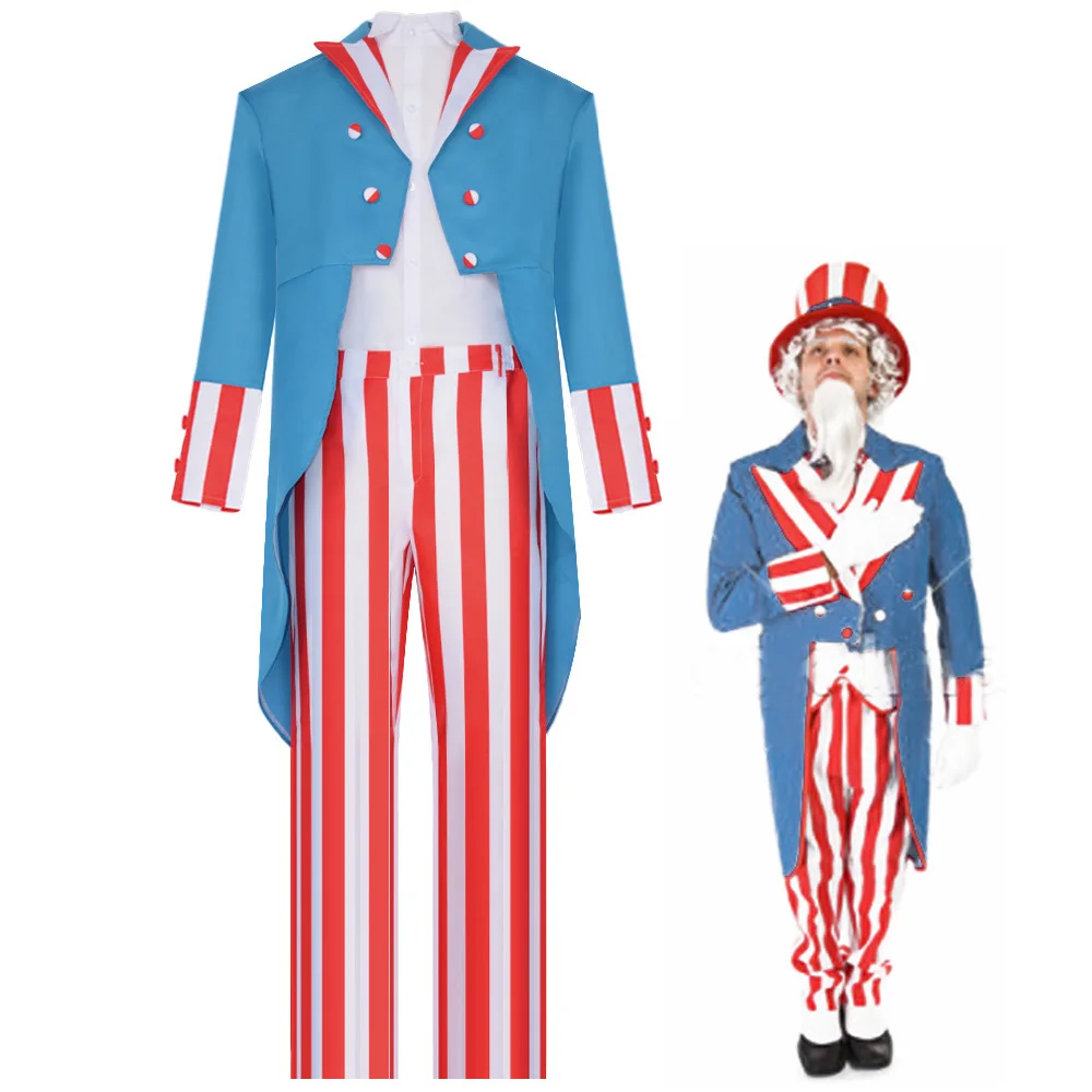 Movie Uncle Sam Cosplay Adult Costume Patriotic Blue Jacket  Red and White Striped Pants Shirt USA  American Suit Halloween