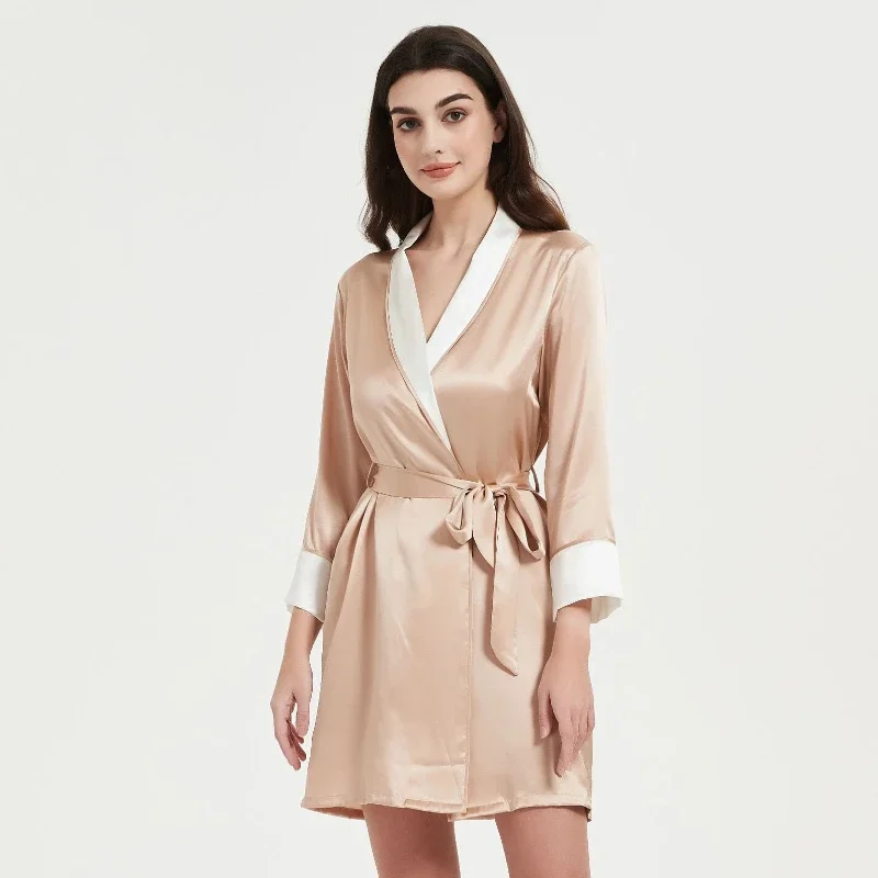 Women's Short Silk Robe 100% Mulberry Silk Kimono Morning Dressing Gown for Bathroom and Lounge Wrap Morning Robe Mini Nightgown